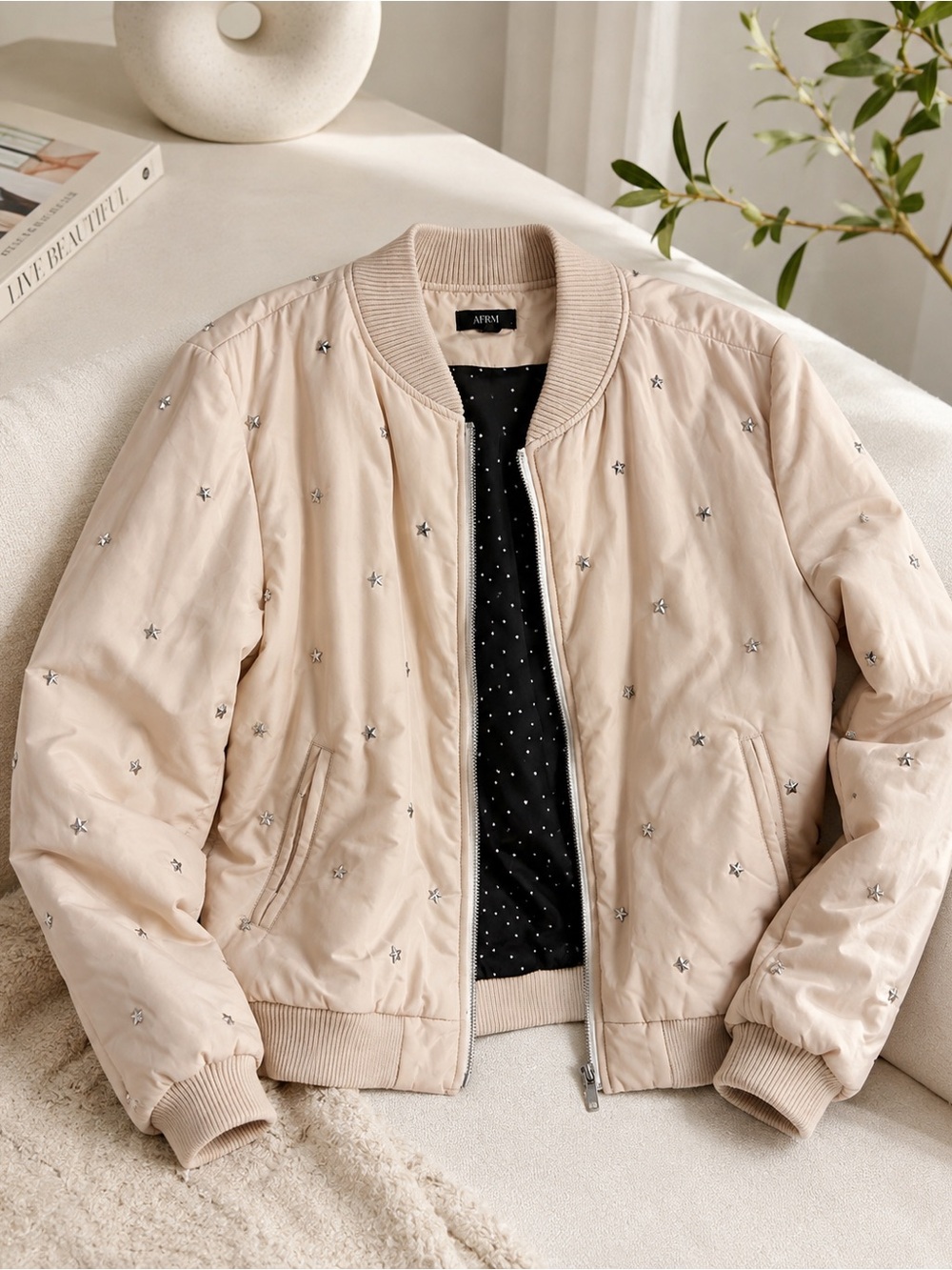 AFRM Blush Pink Silver Star Studded Bomber Jacket Size Large